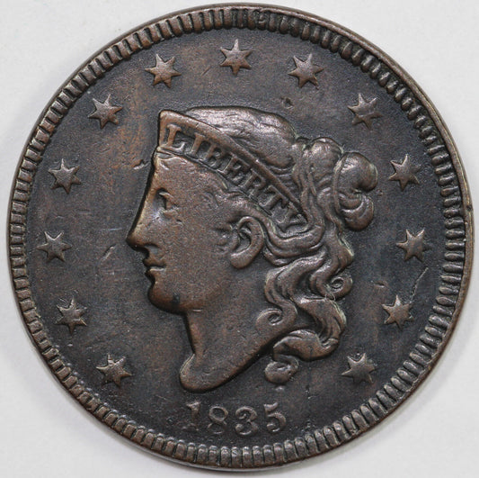 1835 1c N-11 Coronet or Matron Head Large Cent With Tag