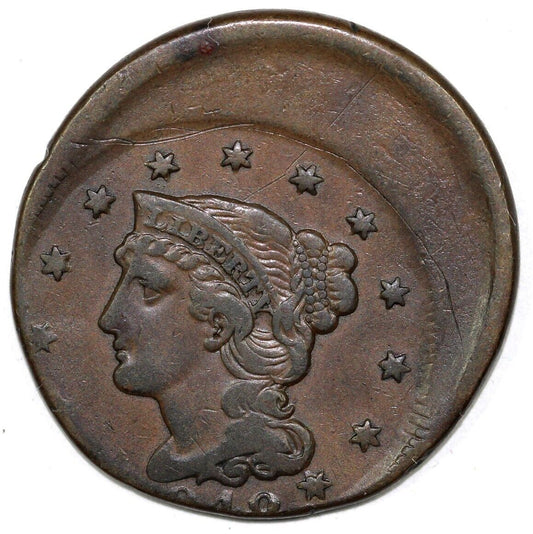 1848 1c N-18 Braided Hair Large Cent *Struck Off Center*