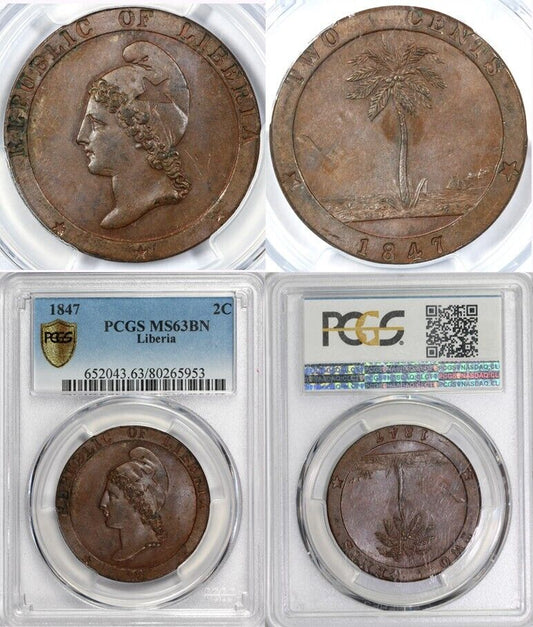 1847 2c Republic of Liberia Copper 2 Cent Piece PCGS MS 63 BN