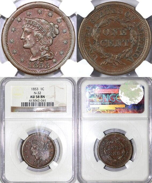 1853 1c N-32 Braided Hair Large Cent NGC AU 58