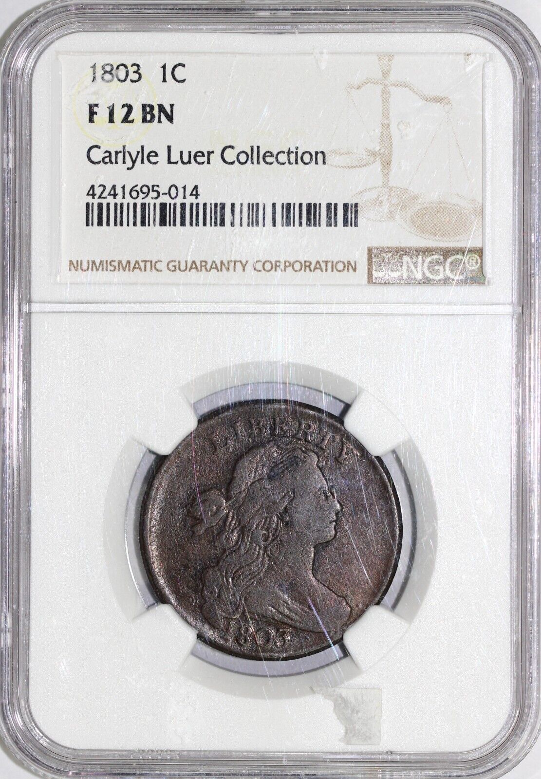 1803 1c Draped Bust Large Cent NGC F 12 EX; LUER