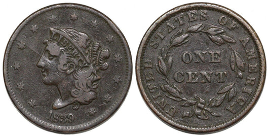 1839 1c N-12 Coronet or Matron Head Large Cent