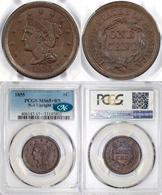 1855 1c N-1 Upright 55 Braided Hair Large Cent PCGS and CAC MS 65+