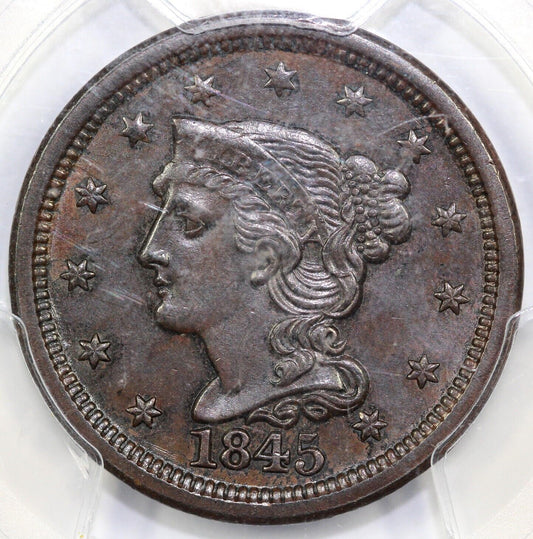 1845 1c N-4 Braided Hair Large Cent PCGS MS 62 BN
