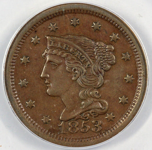 1853 1c Braided Hair Large Cent ANACS AU 50