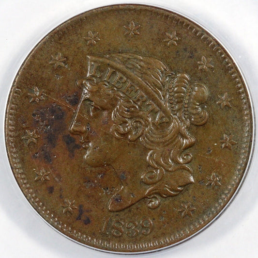 1839 1c N-12 Booby Head Coronet or Matron Head Large Cent ANACS AU 50 Details