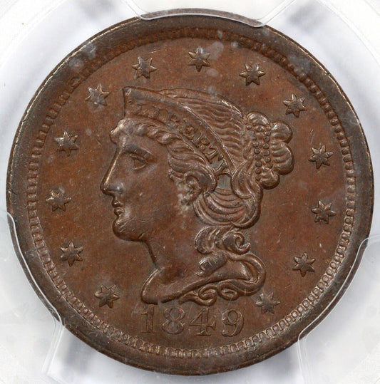 1849 1c N-24 Braided Hair Large Cent PCGS and CAC MS 63 BN EX; ISKRA