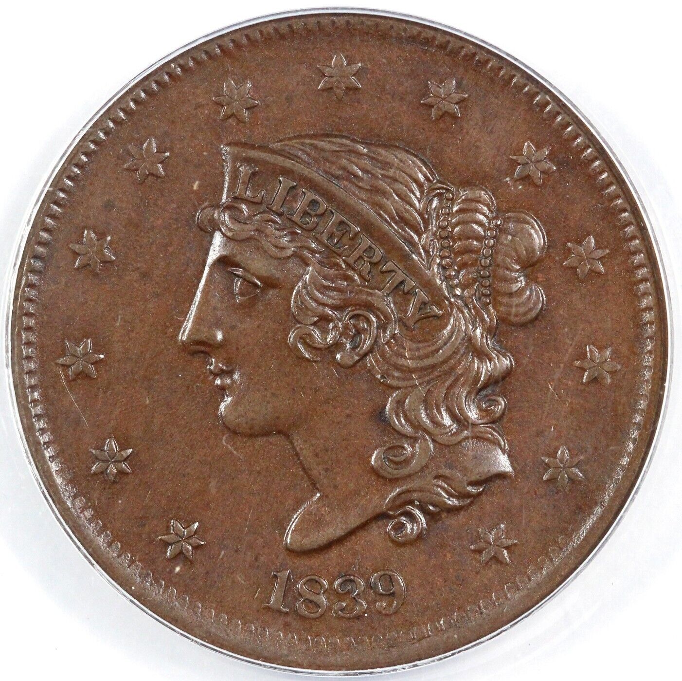 1839 1c N-13 Booby Head Matron Head Large Cent ANACS MS 62 BN