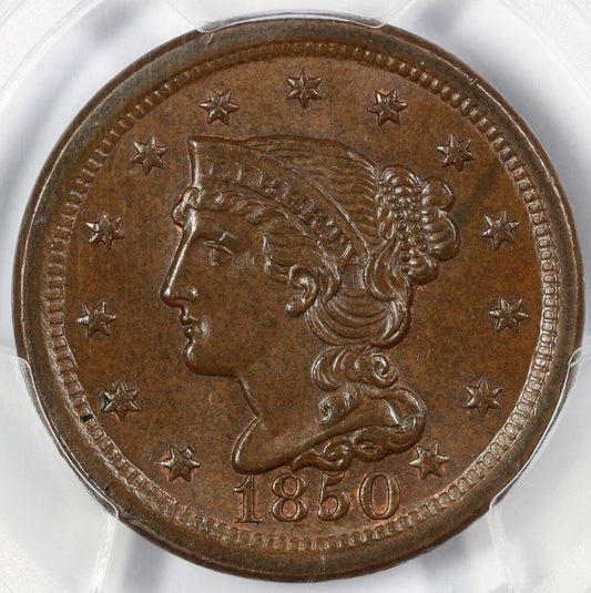 1850 1c N-7 Braided Hair Large Cent PCGS MS 64 BN