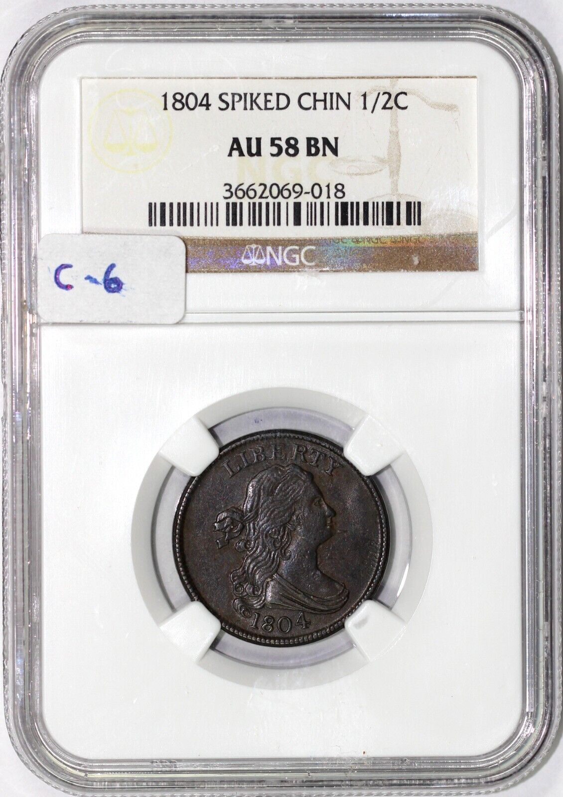 1804 1/2c C-6 Spiked ChinvDraped Bust Half Cent NGC AU 58 BN