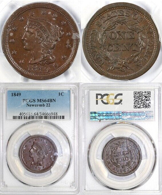 1849 1c N-22 Braided Hair Large Cent PCGS MS 64 BN