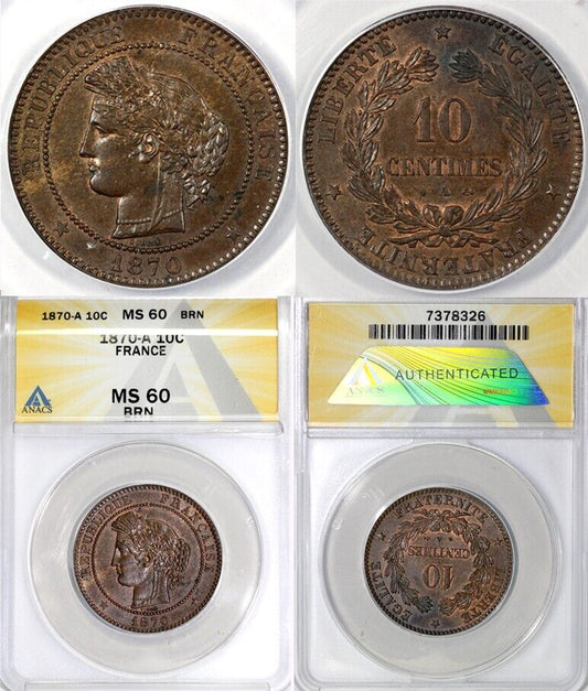 1870-A 10c Republic of France 10 Centimes ANACS MS 60 BN