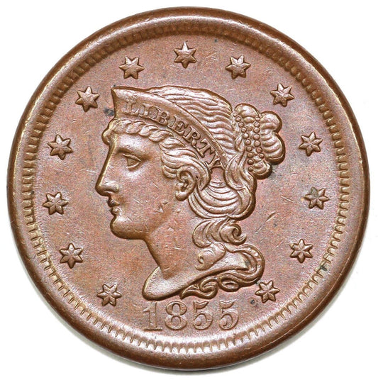 1855 1c Upright 55 N-4 Braided Hair Large Cent