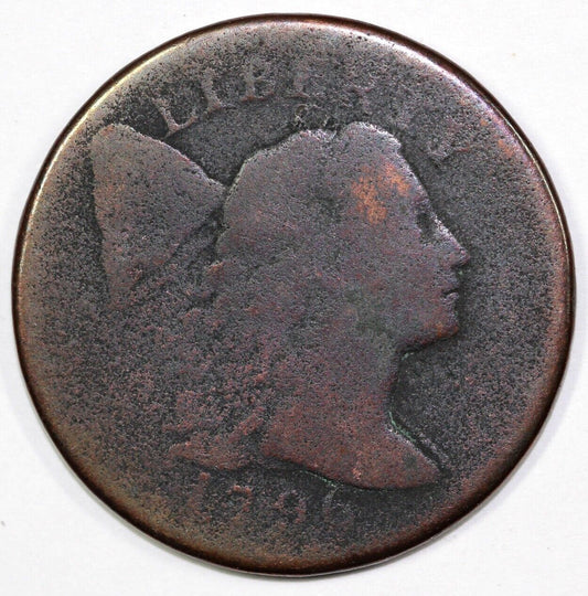 1796 1c S-90 Rotated Reverse Liberty Cap Large Cent *Two Leaves touch T of Cent*