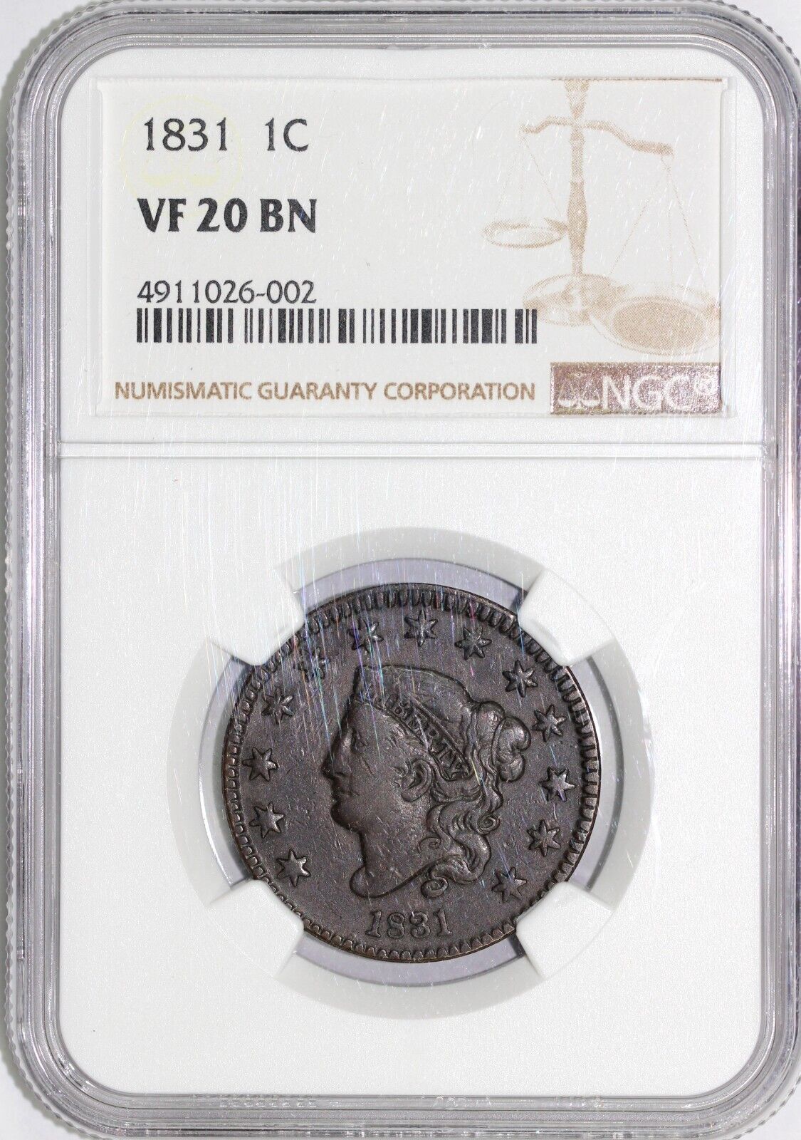 1831 1c Matron Head Large Cent NGC VF 20