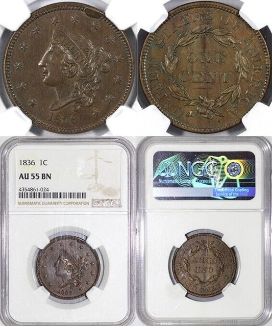 1836 1c Gobrecht Head Matron Head Large Cent NGC AU 55