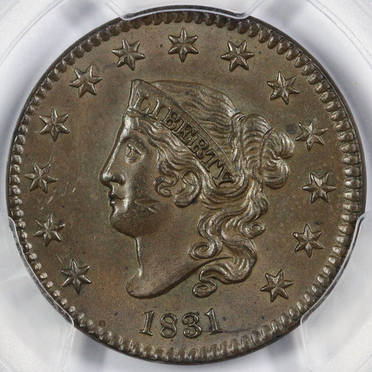 1831 1c N-8 Large Letters Coronet or Matron Head Large Cent PCGS MS 62 BN