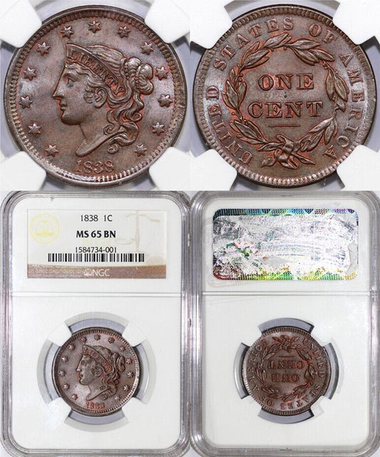 1838 1c N-3 Coronet or Matron Head Large Cent NGC MS 65 BN