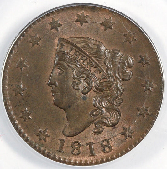 1818 1c N-10 Matron Head Large Cent ANACS MS 62 BN
