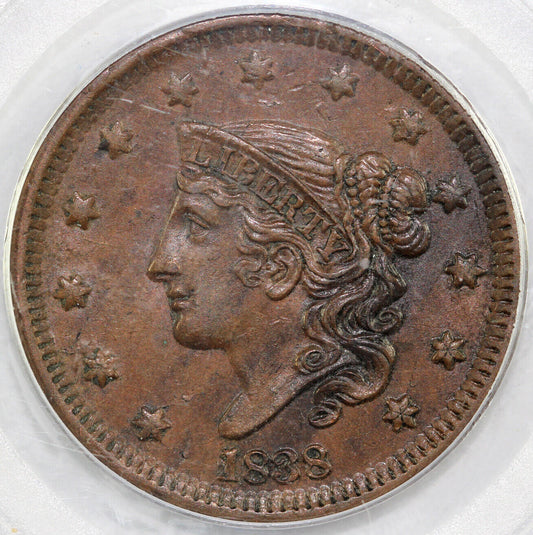 1838 1c Matron Head Large Cent PCGS AU 58