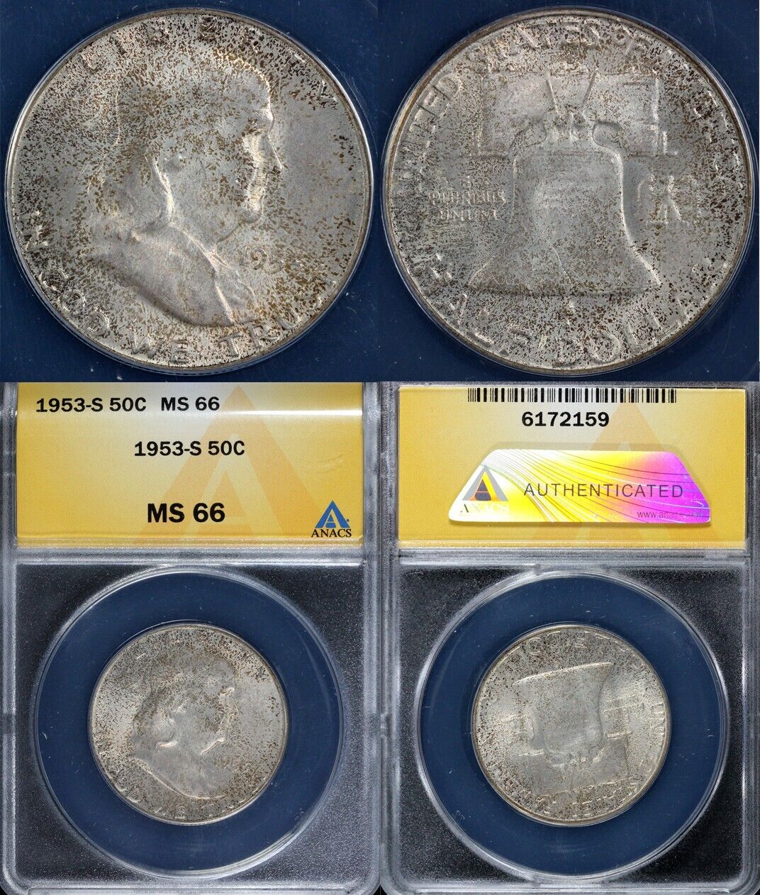 1953-S 50c Franklin Half Dollar ANACS MS 66