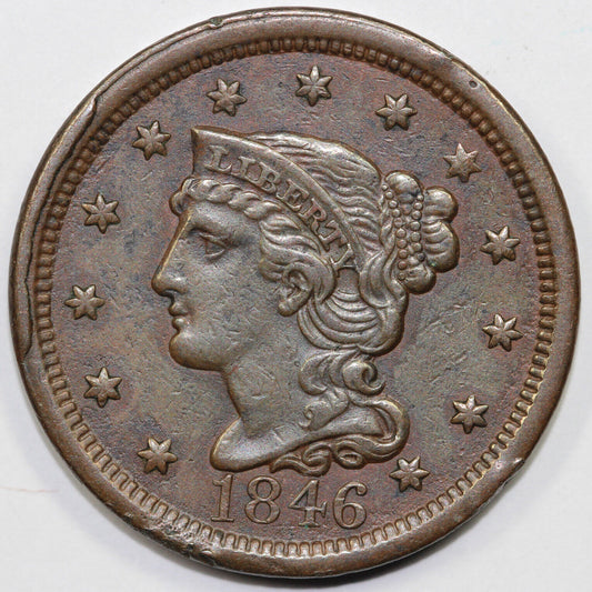 1846 1c N-12 Braided Hair Large Cent *Rim Break Obv.*