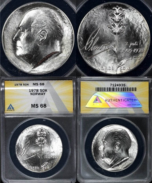 1978 50k Silver Norway Fifty Kroner ANACS MS 68