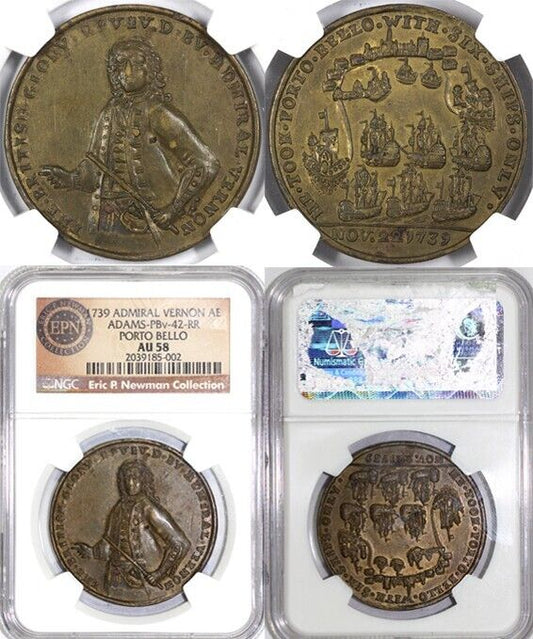 1739 Admiral Vernon Porto Bello Colonial Copper NGC AU 58 EX; NEWMAN