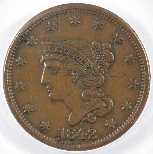1842 1c Large Date Braided Hair Large Cent ANACS AU 50 DETAILS CORRODED
