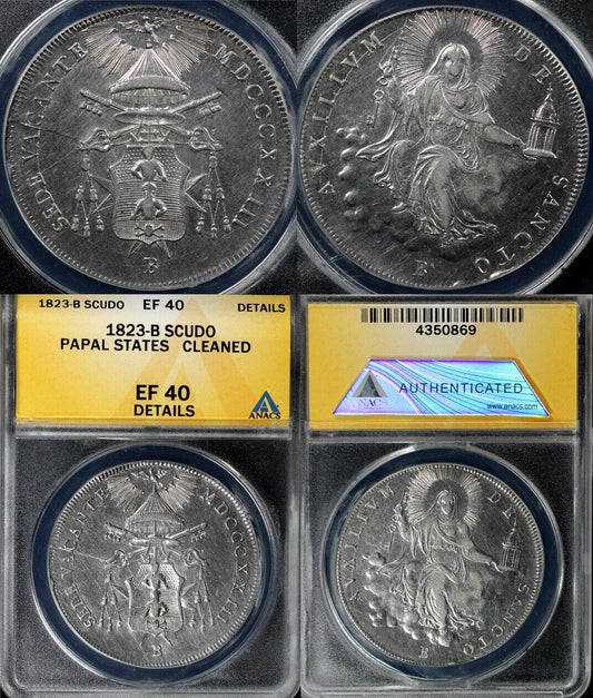 1823-B Papal States Scudo ANACS EF 40 DETAILS CLEANED