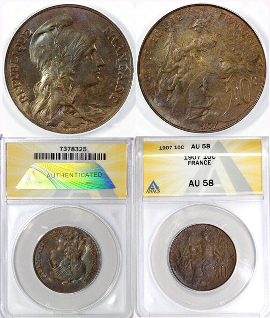 1907 10c Republic of France 10 Centimes ANACS AU 58