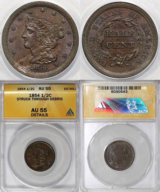 1854 1/2c Braided Hair Half Cent ANACS AU 55 Details Struck Through Debris