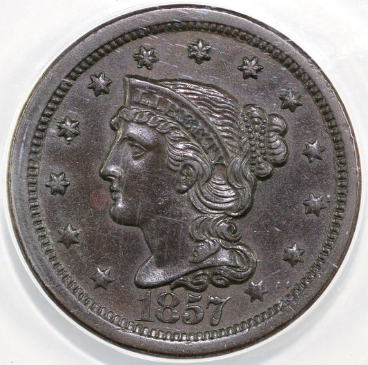 1857 1c Large Date N-1 Braided Hair Large Cent ANACS AU 50