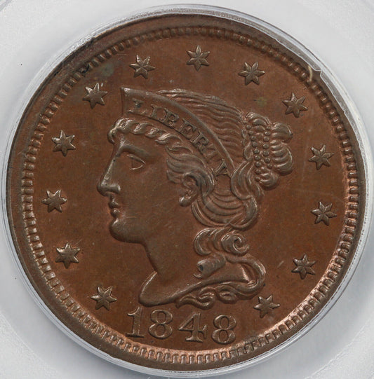 1848 1c N-28 Braided Hair Large Cent PCGS MS 65 BN EX; Naftzger