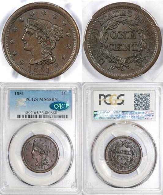 1851 1c Braided Hair Large Cent PCGS and CAC MS 65 BN