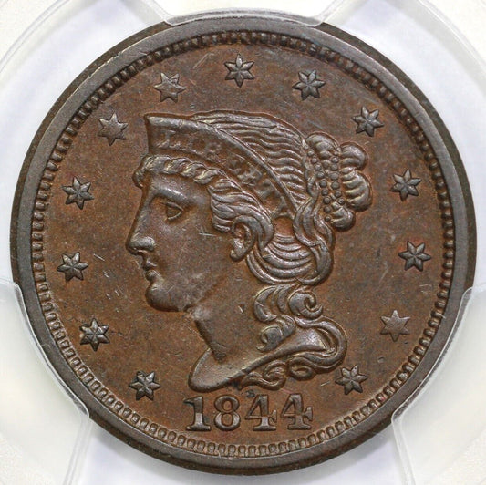 1844 1c Braided Hair Large Cent PCGS AU 58