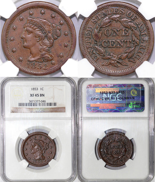 1853 1c N-32 Braided Hair Large Cent NGC XF 45