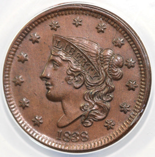1838 1c Matron Head Large Cent ANACS MS 60 DETAILS CLEANED