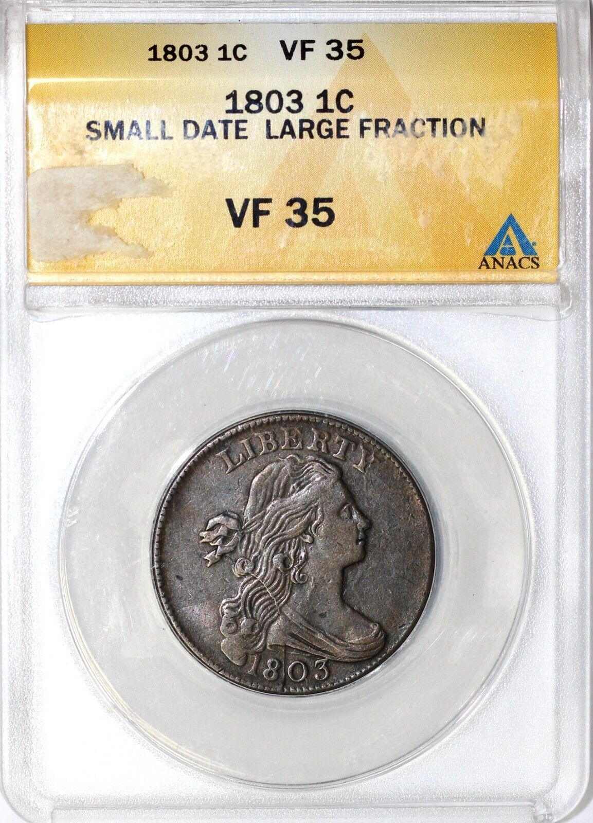 1803 1c Small Date Large Fraction Draped Bust Large Cent ANACS VF 35