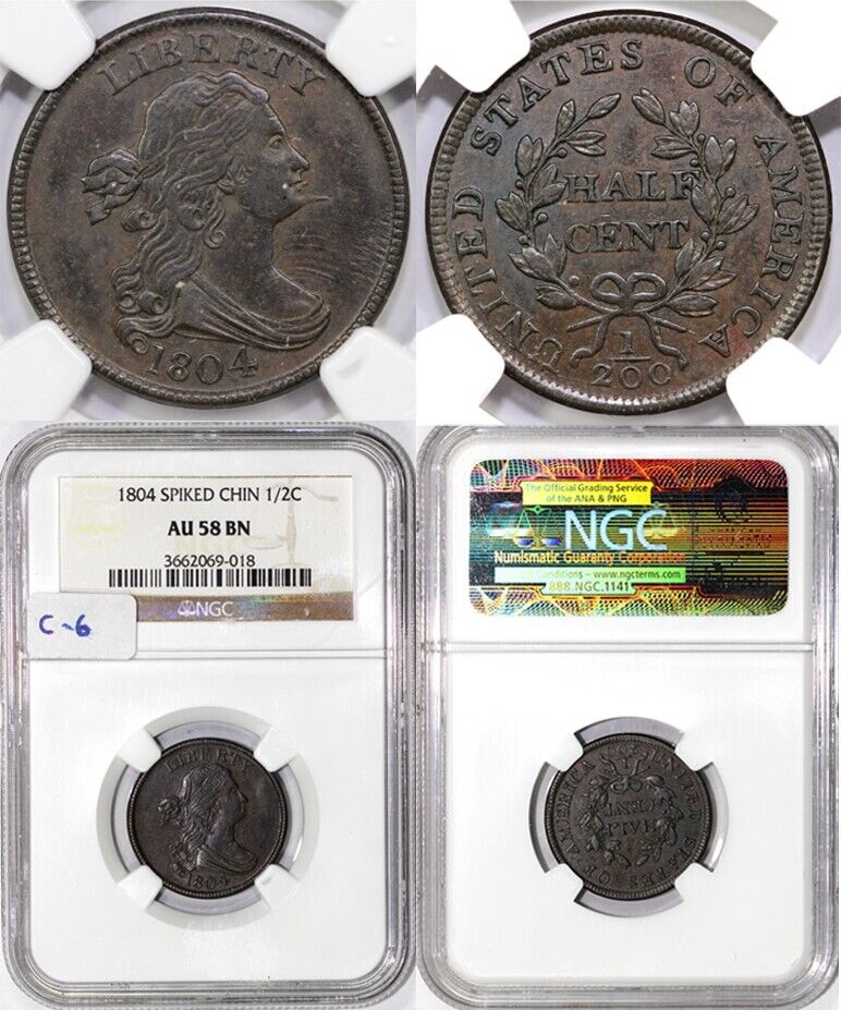 1804 1/2c C-6 Spiked ChinvDraped Bust Half Cent NGC AU 58 BN