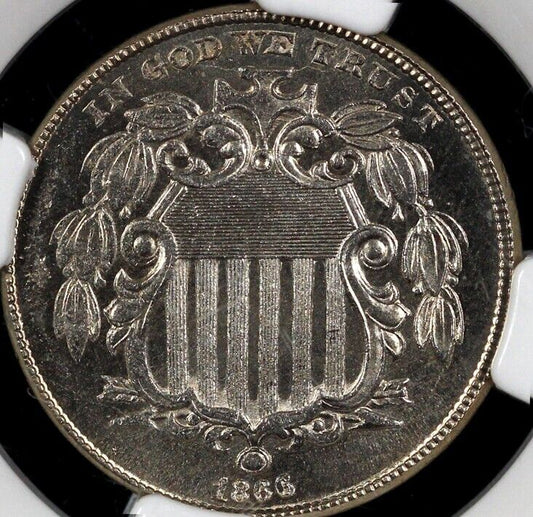 1866 5c Rays Shield Nickel NGC MS 65