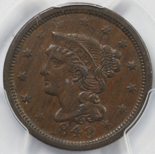 1848 1c N-37 Braided Hair Large Cent PCGS and CAC AU 53 EX; MATTHEWS COLLECTION