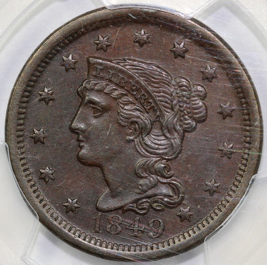 1849 1c N-8 Braided Hair Large Cent PCGS AU 58 EX; ELLSWORTH