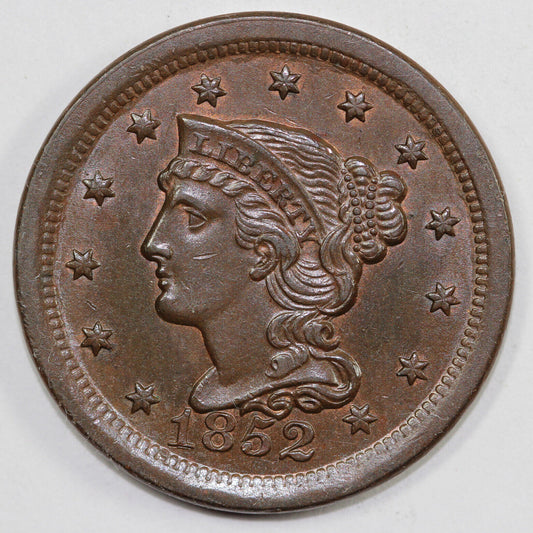 1852 1c N-12 Braided Hair Large Cent With Grellman Tag