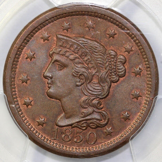 1850 1c N-7 Braided Hair Large Cent PCGS and CAC MS 65 BN *Early Die State*