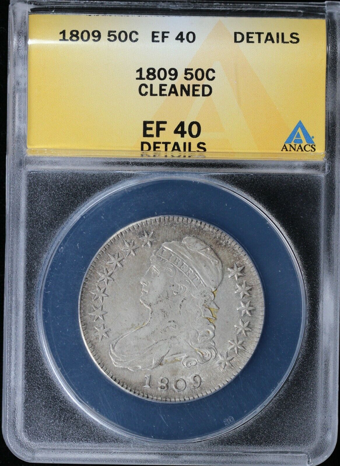 1809 50c Capped Bust Half Dollar ANACS EF 40 DETAILS CLEANED