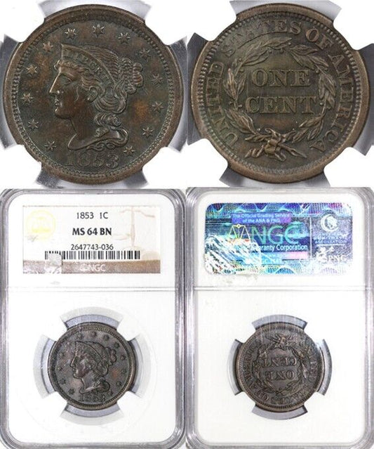 1853 1c Braided Hair Large Cent NGC MS 64 BN