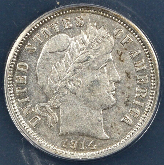 1914-D 10c Barber Dime ANACS AU 50 DETAILS CLEANED
