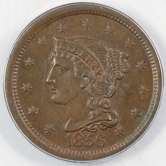 1856 1c Slanted 5 Braided Hair Large Cent ANACS MS 61 BN