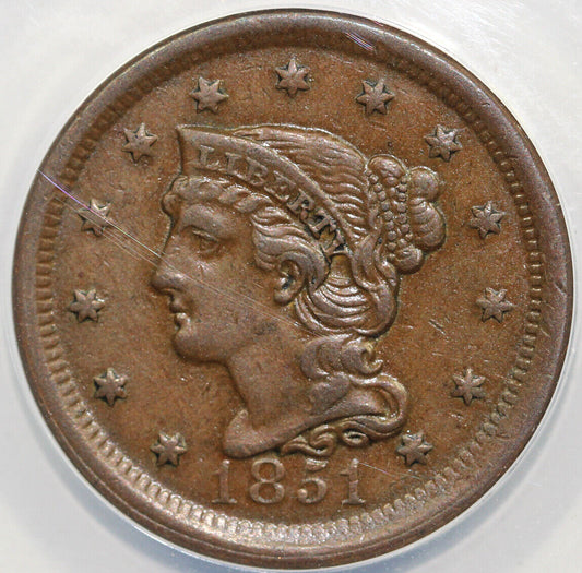 1851 1c Braided Hair Large Cent ANACS AU 50